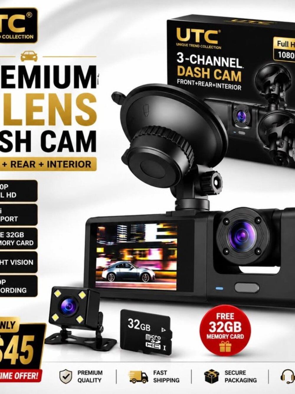 3 Channel 1080P WiFi Dash Cam Front Rear Interior + FREE 32GB Card